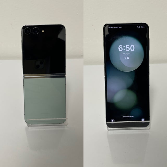 Front and back views of a Samsung Galaxy Z Flip5 photographed for Yoshi’s Tronics